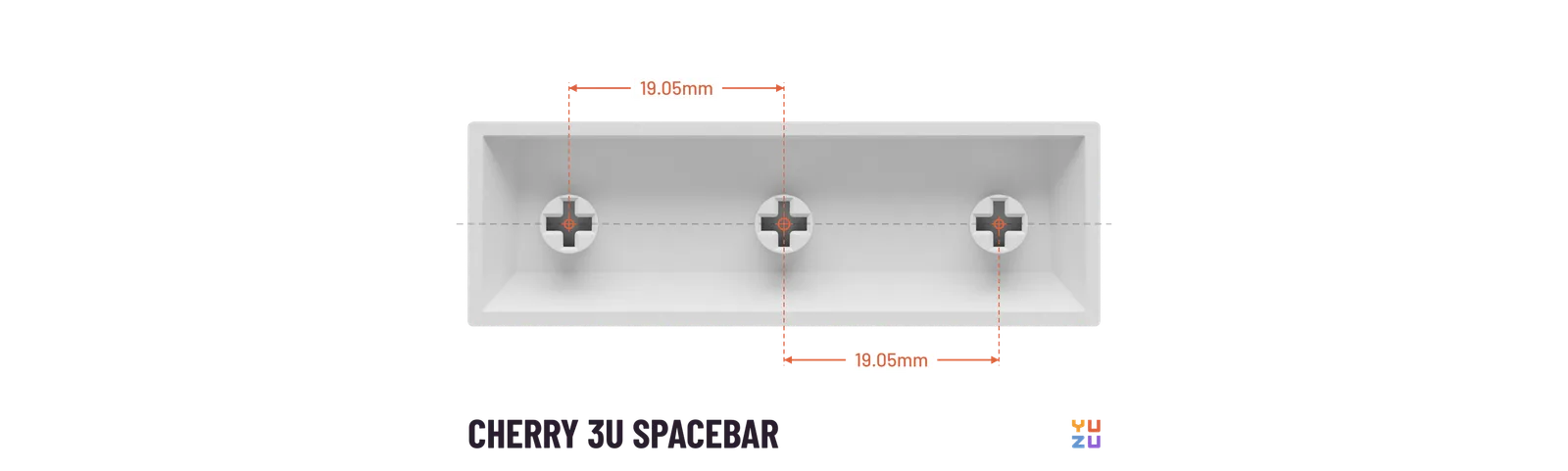 Bottom view of a Cherry 3u spacebar showing the distance from the center stem to every other stem