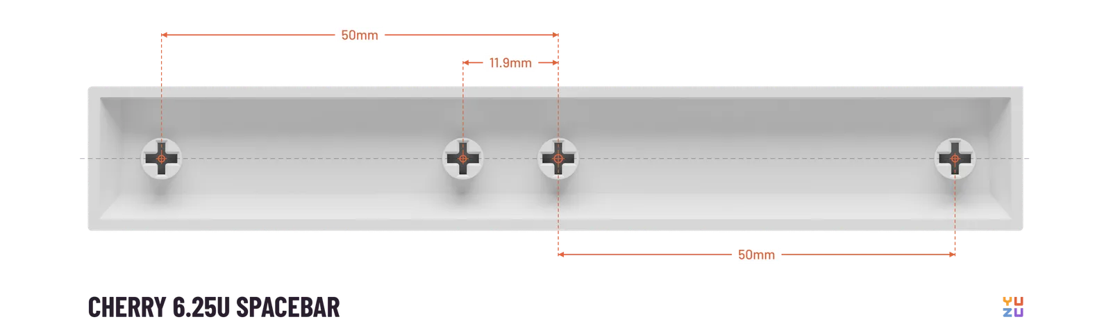 Bottom view of a Cherry 6.25u spacebar showing the distance from the center stem to every other stem