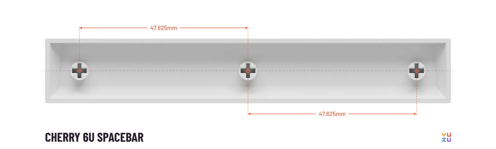 Bottom view of a Cherry 6u spacebar showing the distance from the center stem to every other stem