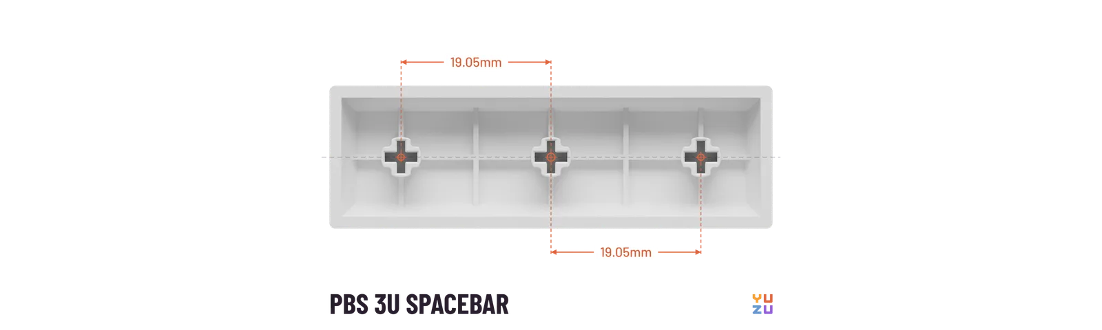 Bottom view of a PBS 3u spacebar showing the distance from the center stem to every other stem