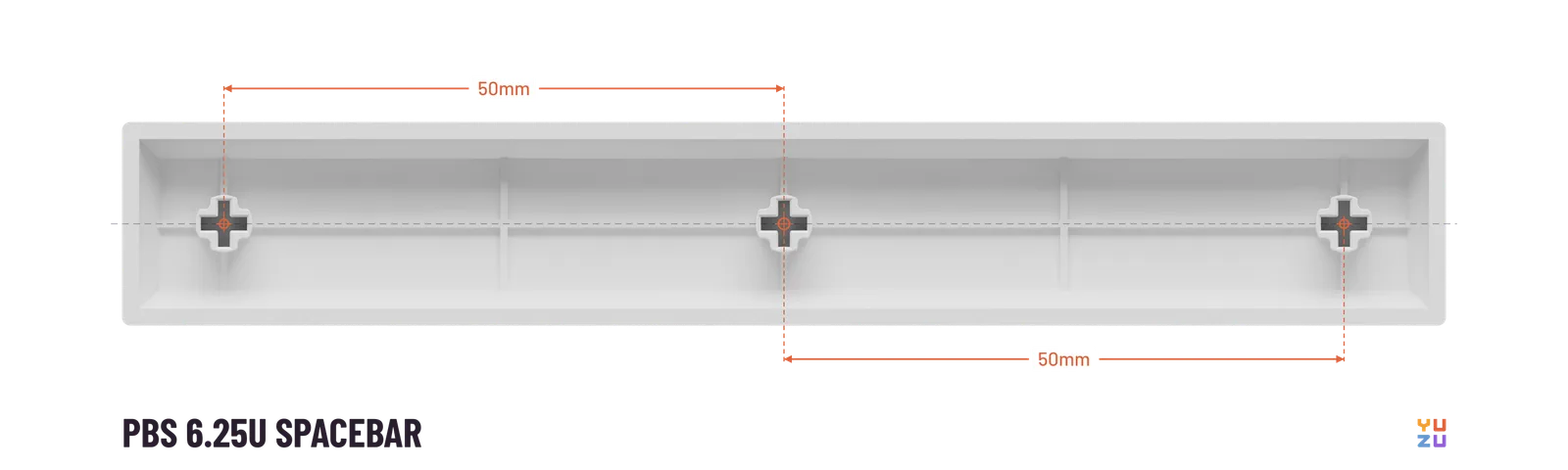 Bottom view of a PBS 6.25u spacebar showing the distance from the center stem to every other stem