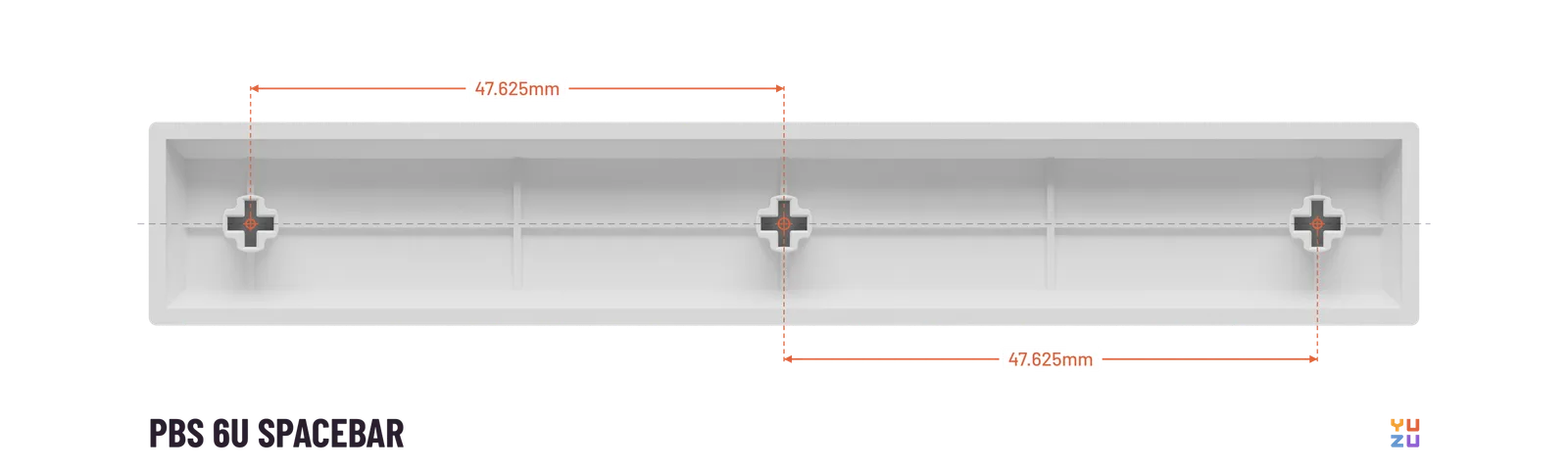 Bottom view of a PBS 6u spacebar showing the distance from the center stem to every other stem