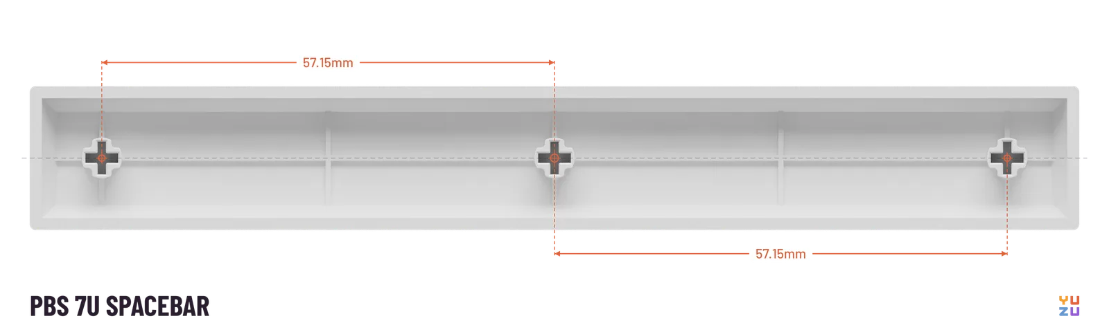Bottom view of a PBS 7u spacebar showing the distance from the center stem to every other stem
