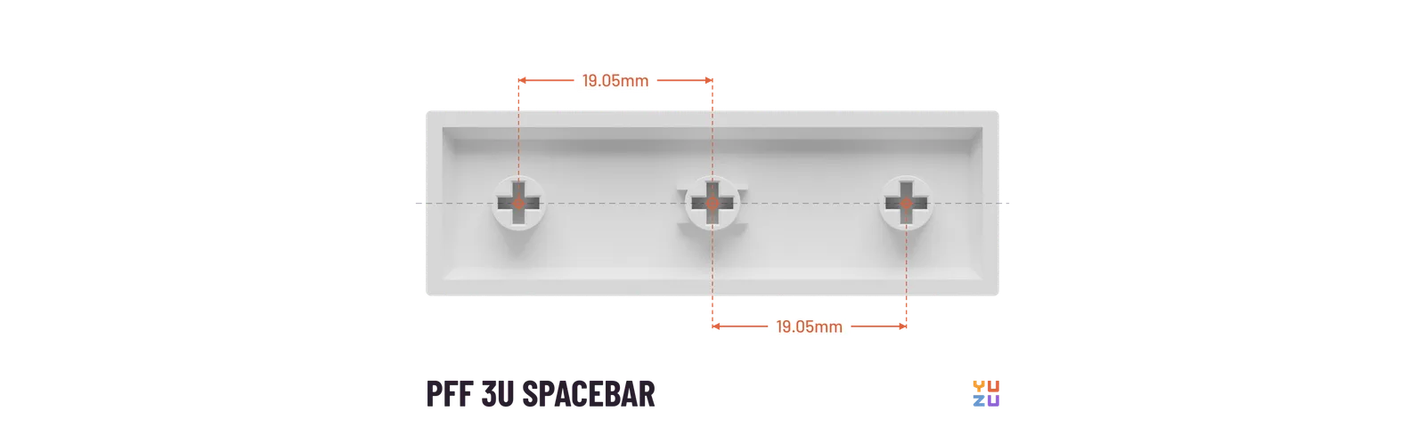 Bottom view of a PFF 3u spacebar showing the distance from the center stem to every other stem
