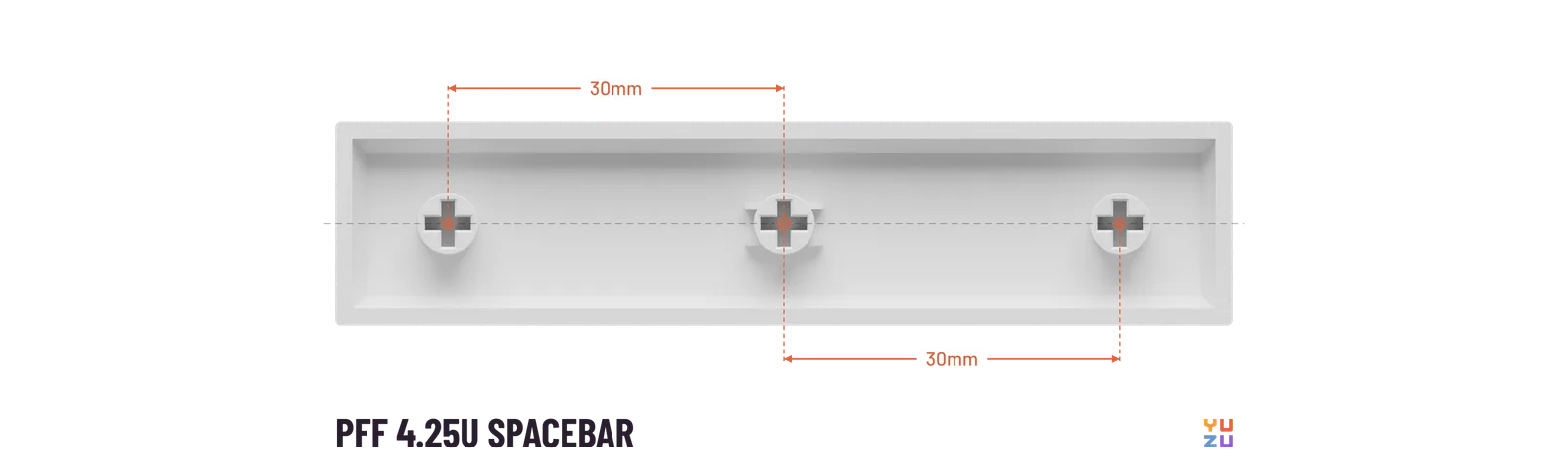Bottom view of a PFF 4.25u spacebar showing the distance from the center stem to every other stem