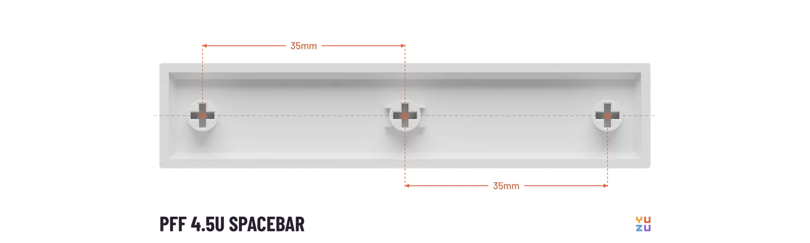 Bottom view of a PFF 4.5u spacebar showing the distance from the center stem to every other stem