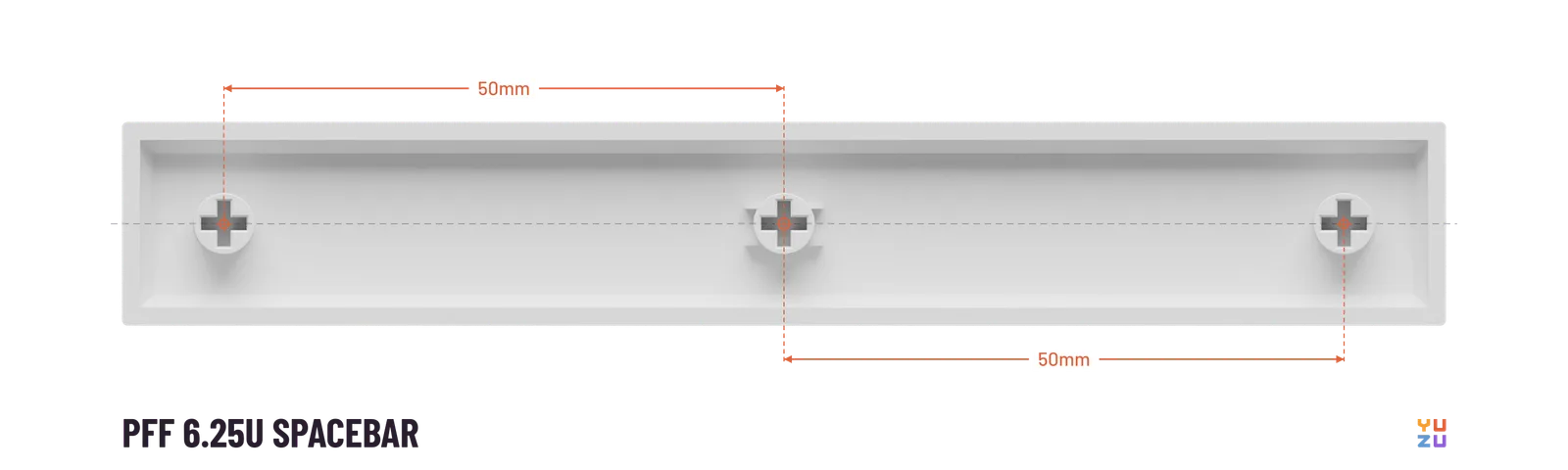 Bottom view of a PFF 6.25u spacebar showing the distance from the center stem to every other stem