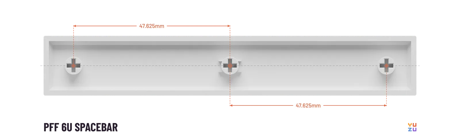 Bottom view of a PFF 6u spacebar showing the distance from the center stem to every other stem