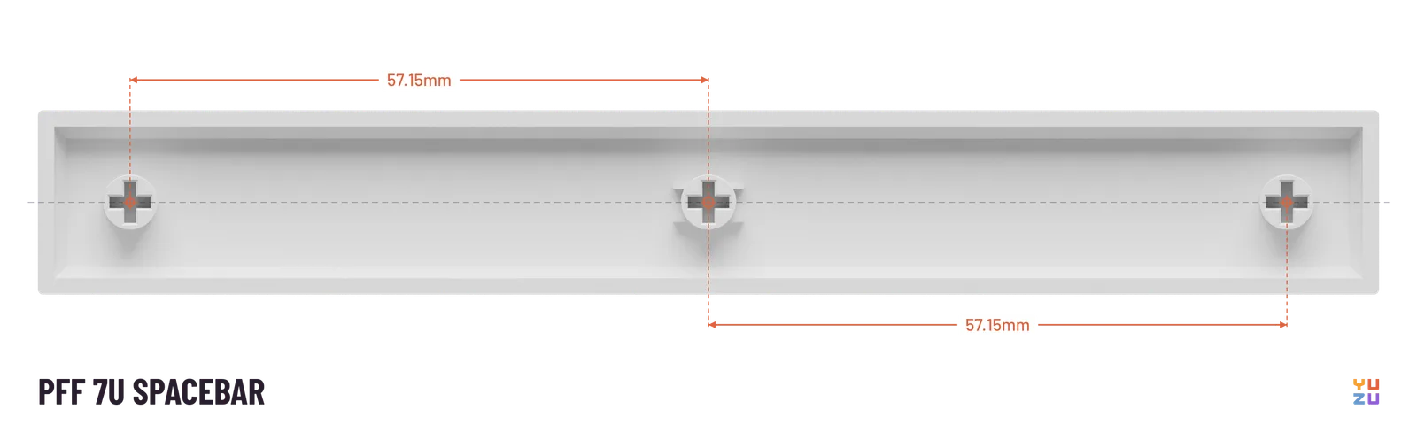 Bottom view of a PFF 7u spacebar showing the distance from the center stem to every other stem